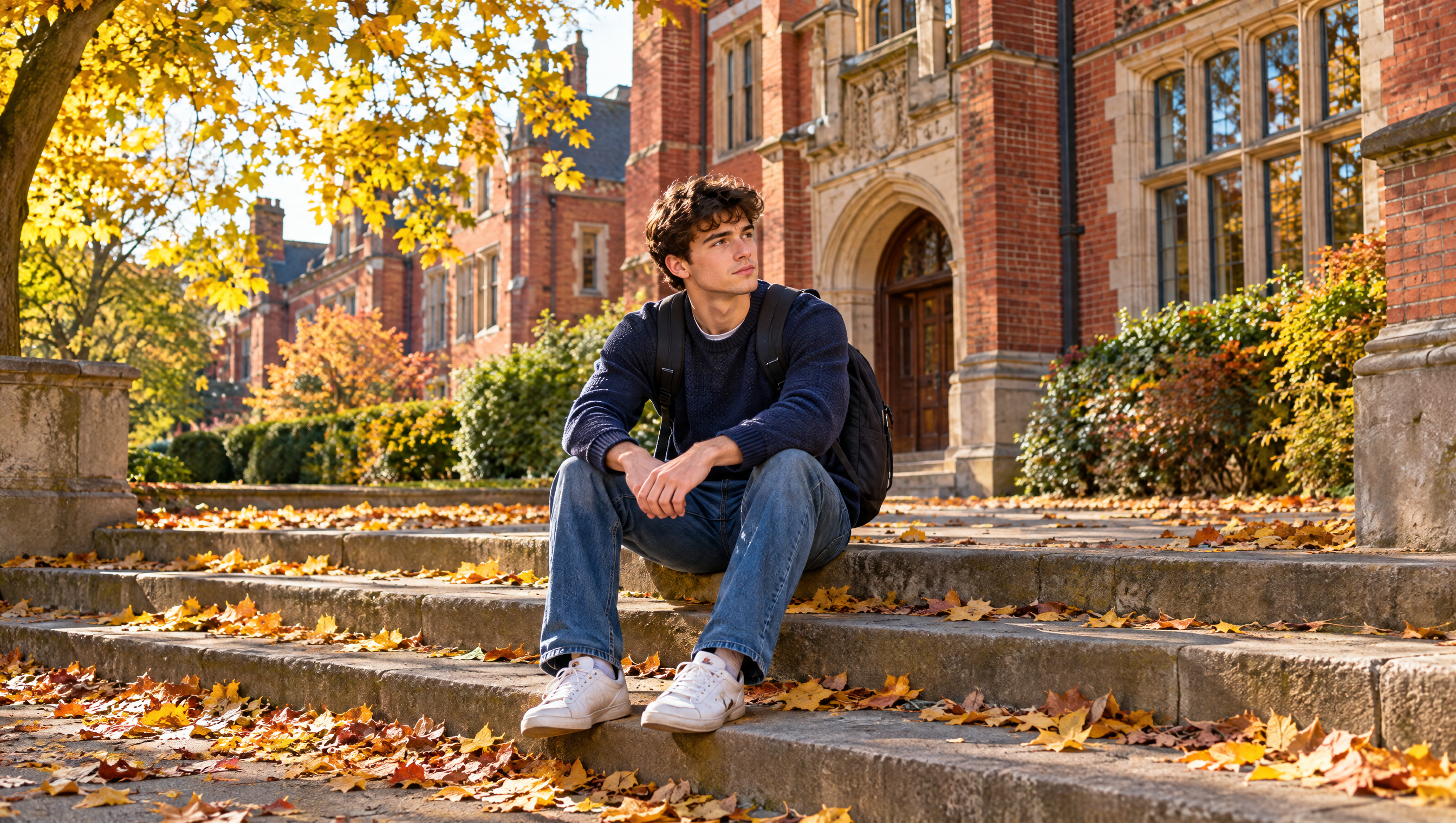 Student sitting on university steps thinking about UK university dropout rates