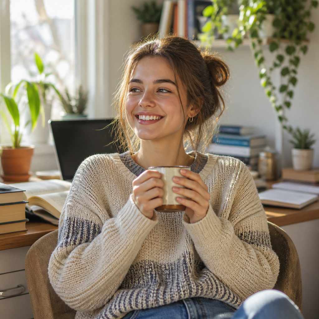 Rewarding yourself while studying — student taking a stretch break by a sunny window