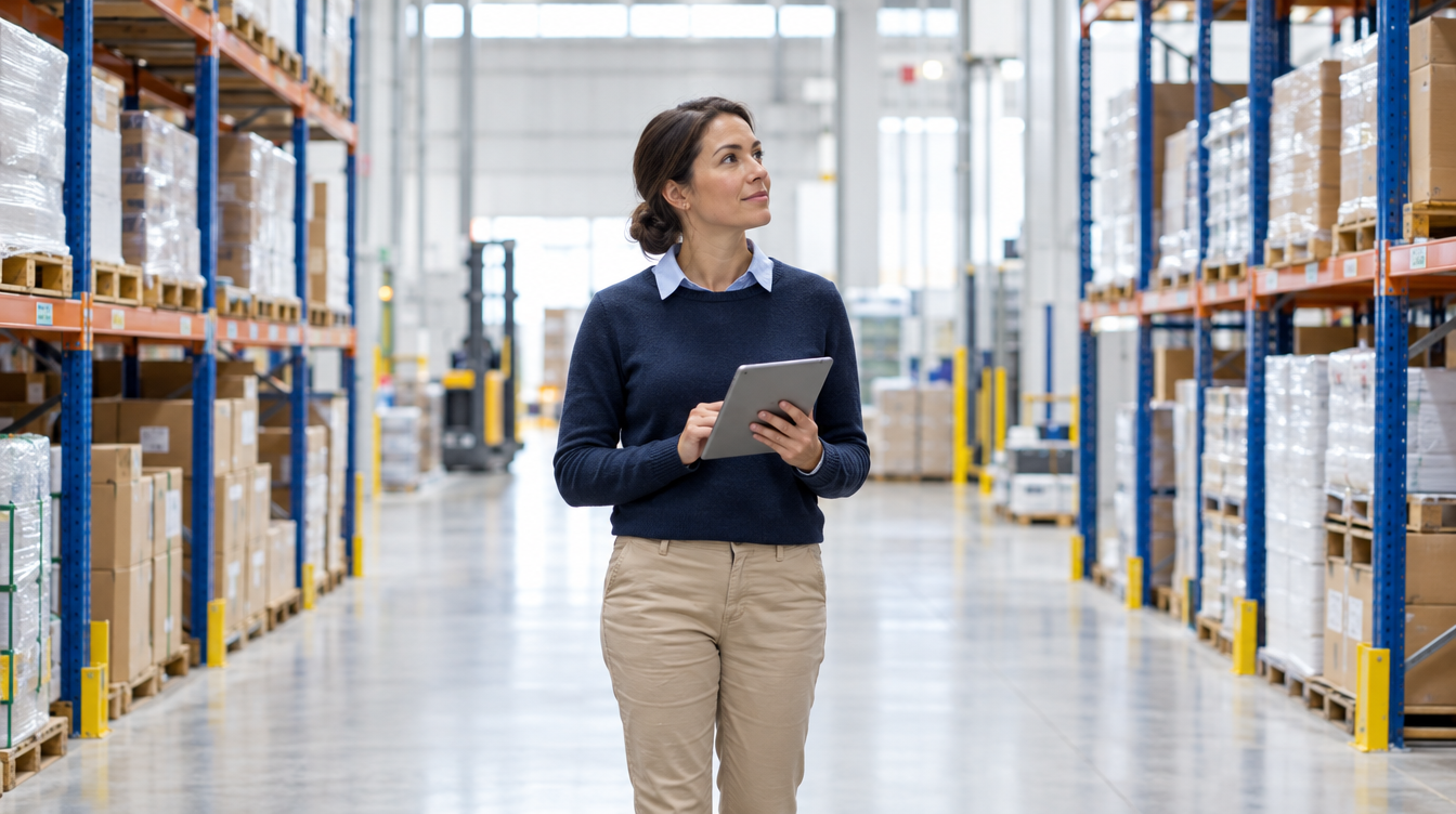 Operations manager reviewing shelving in a distribution centre