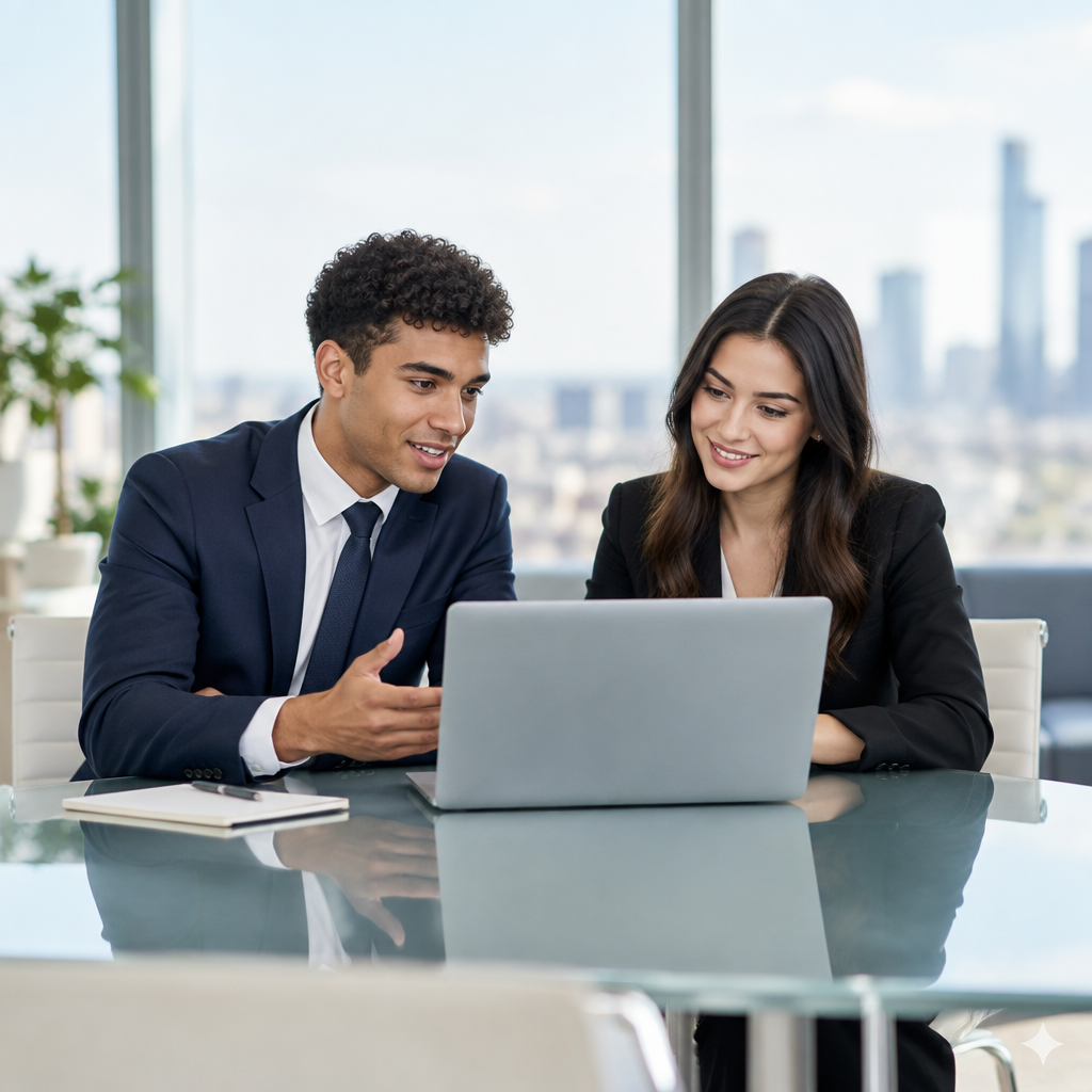 KPMG vs EY graduate scheme comparison: two graduates discussing at a laptop