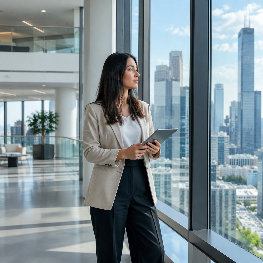 Graduate comparing Barclays vs HSBC graduate scheme offers by a city-view window