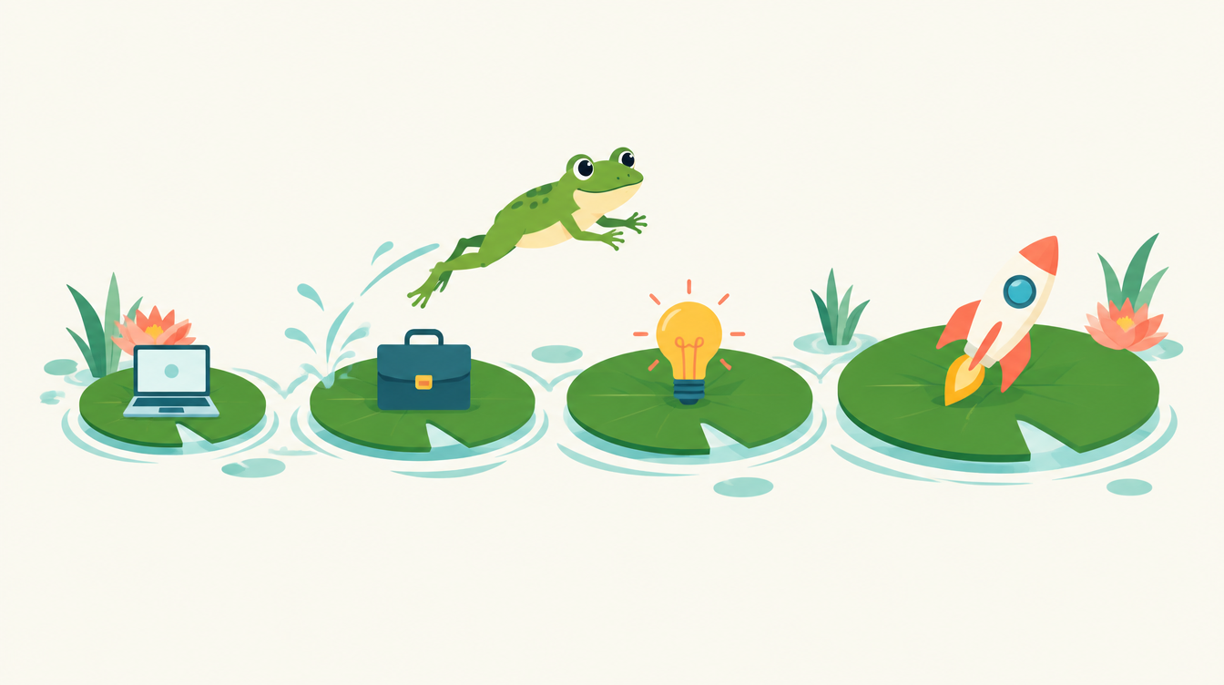 Frog hopping between lily pads that each hold a work icon