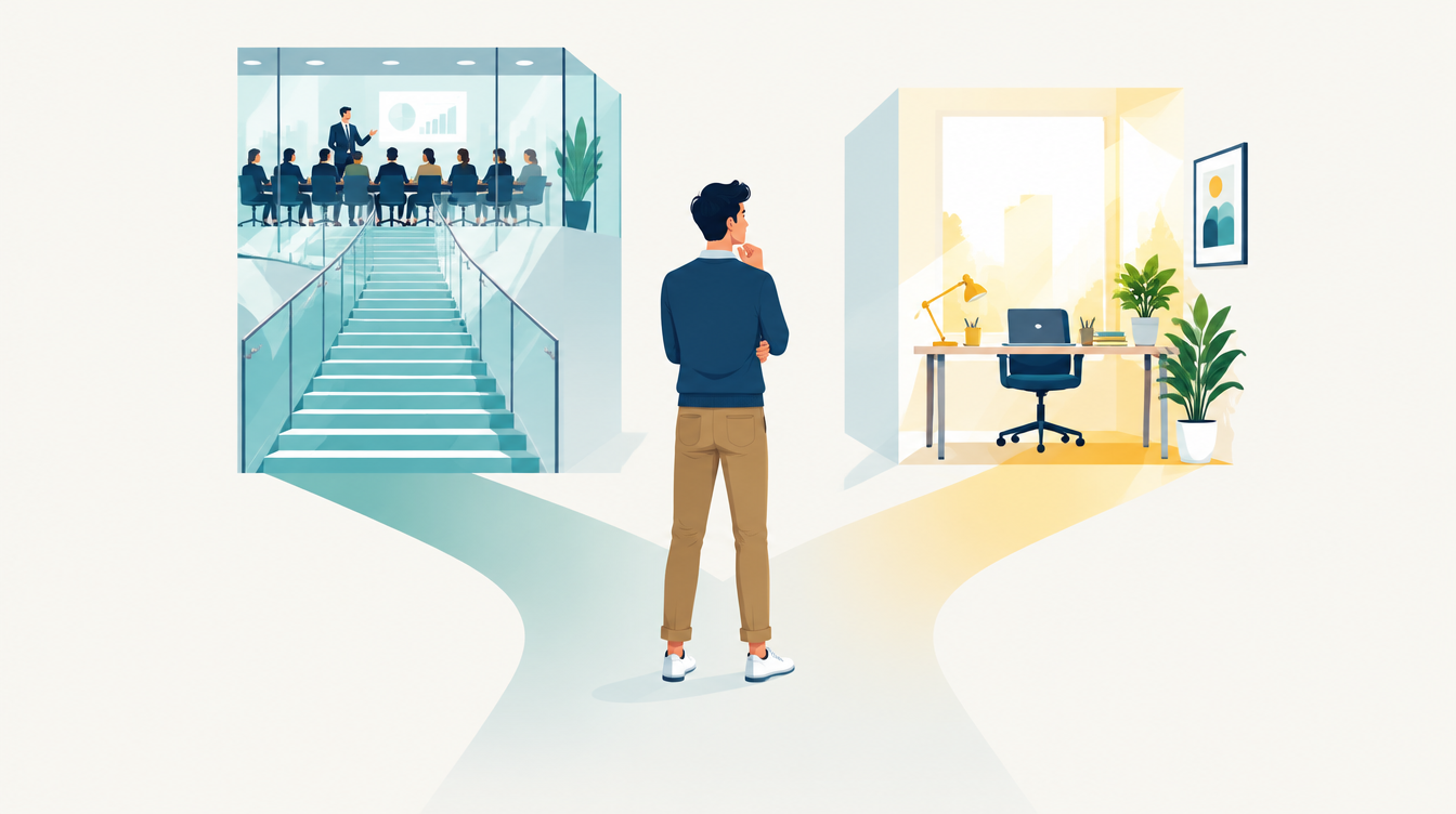 Young professional choosing between a management path and a specialist path