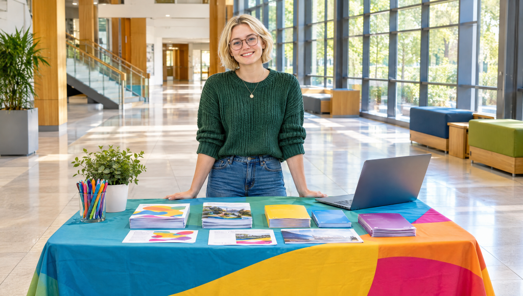 Student at a society table showing everyday experience for a graduate application