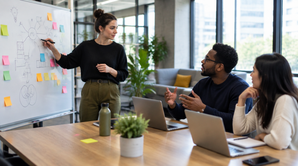 Consultants collaborating in a workshop at a consulting firm