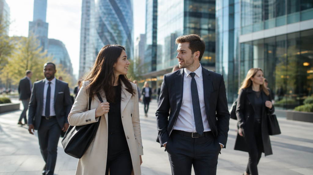 Graduates walking through a UK city business district near an HSBC office