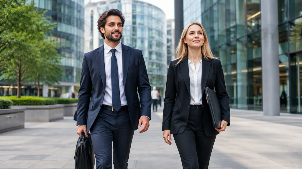 Young professionals walking through a UK city business district.
