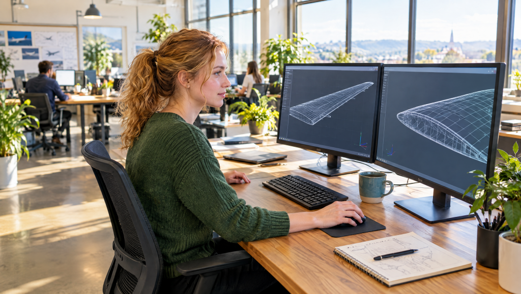 Engineering graduate at a design workstation modelling an aircraft wing, Airbus-style graduate role