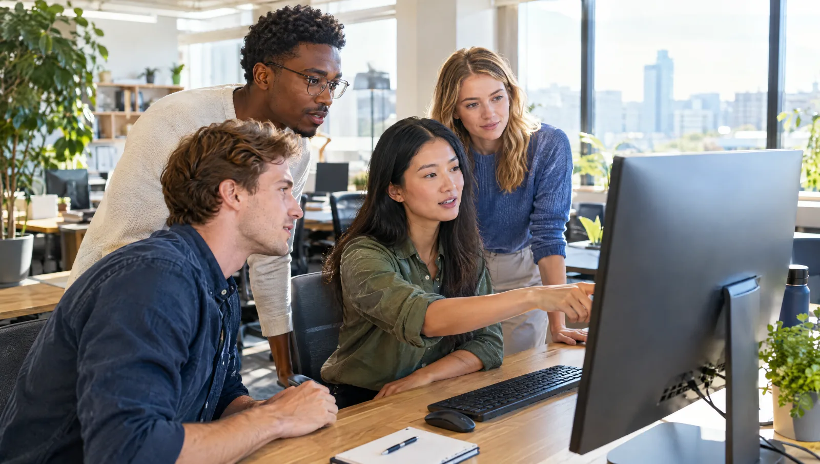 A group of colleagues gathered around a desktop monitor in a bright open-plan office