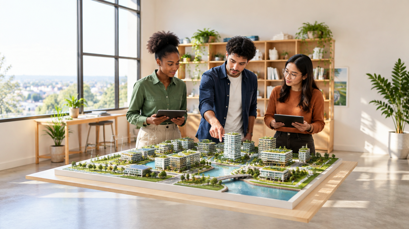 Graduate engineers and designers reviewing an urban model, Arup graduate scheme 2027