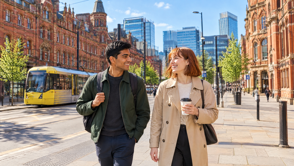 Two young banking professionals walking through central Manchester on the way to work
