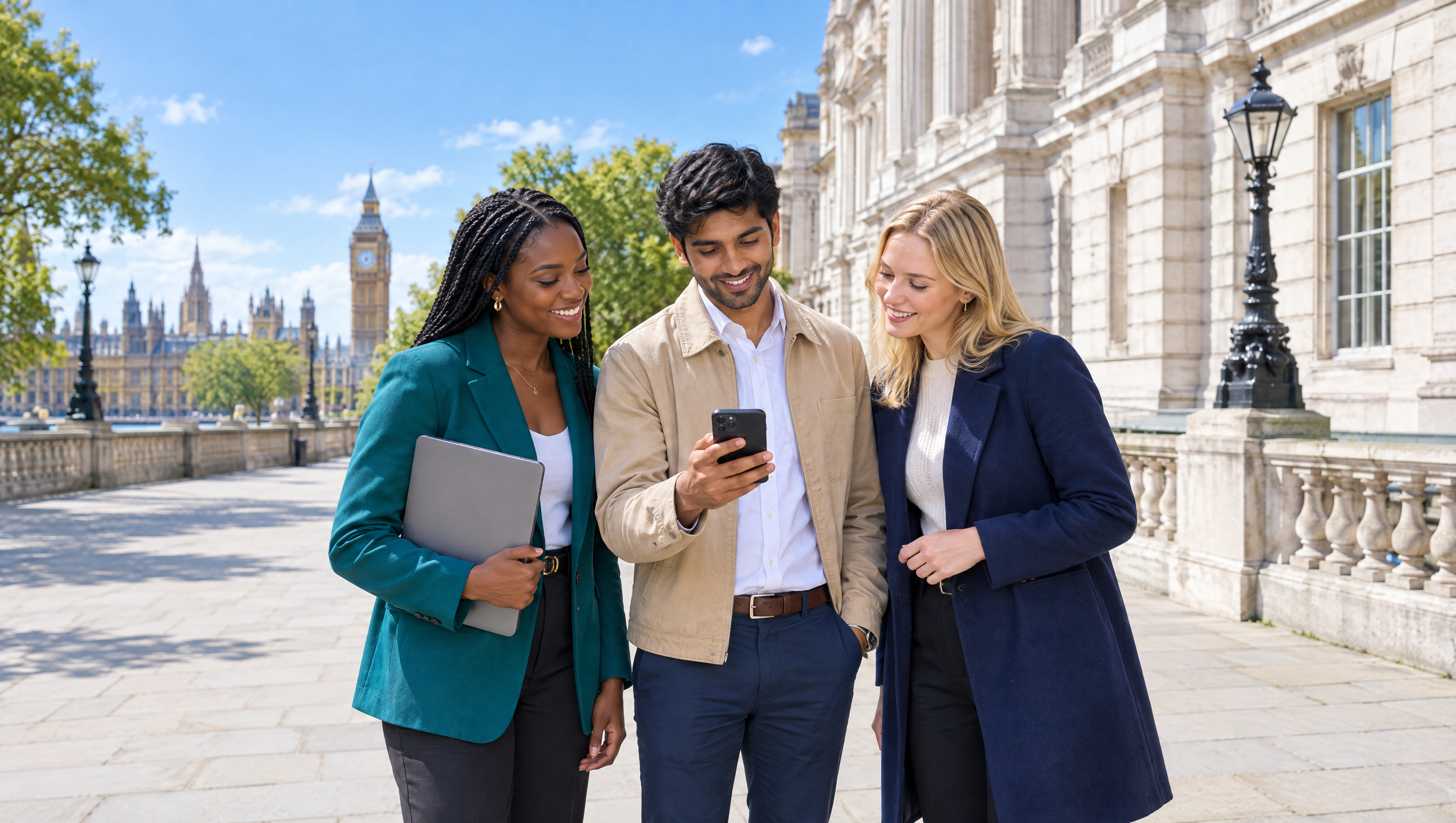 Graduates outside a government building discussing a civil service fast stream application