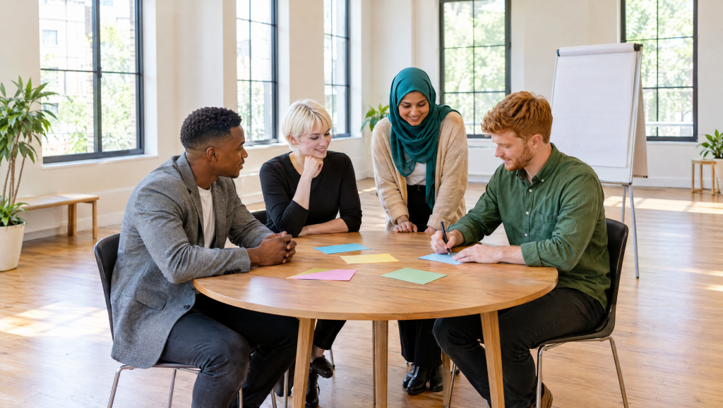 Four candidates in a group exercise at a consulting graduate assessment centre