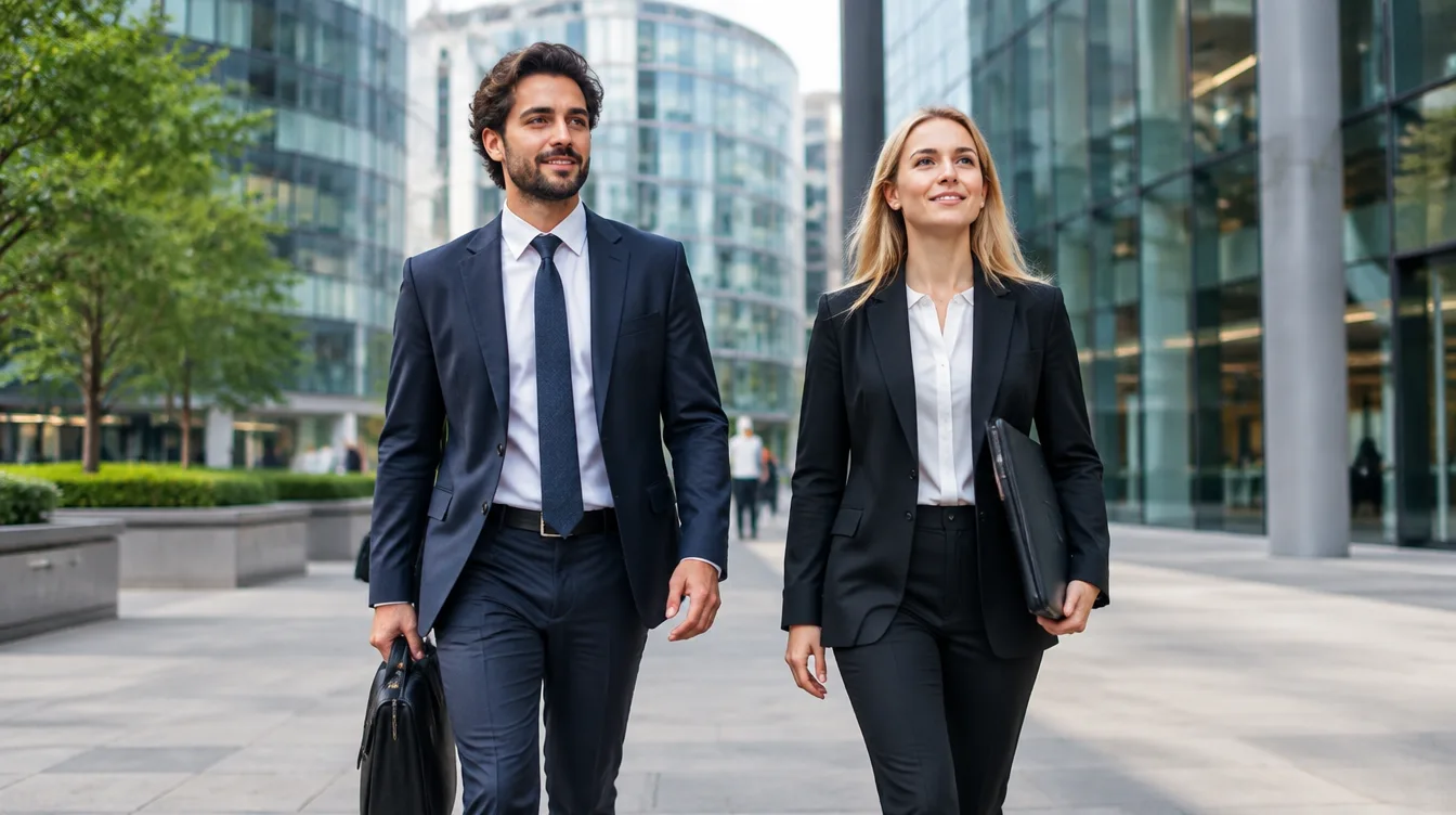 Two young professionals in business clothes walking past glass office buildings, representing the Deloitte vs EY graduate scheme choice