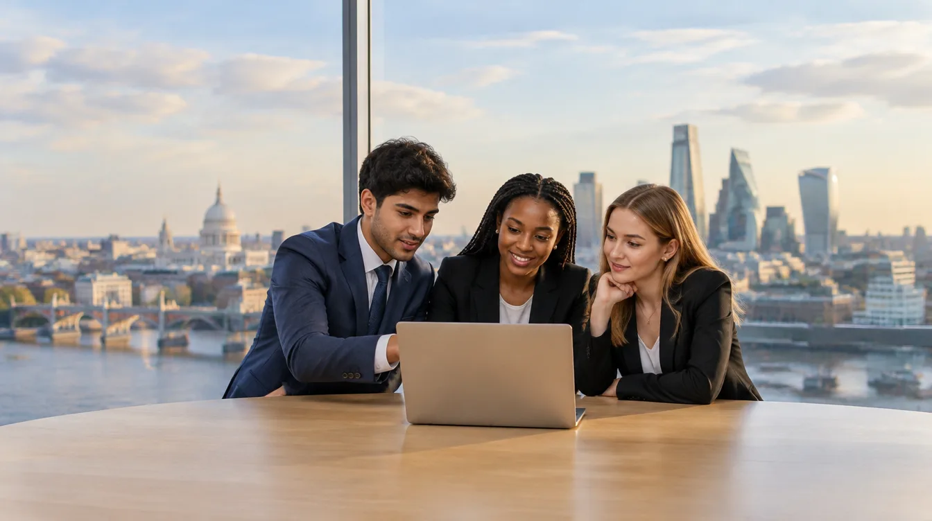 Graduate analysts discussing a project in a bright London office, illustrating the Goldman Sachs graduate scheme