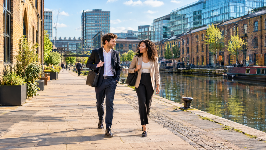 Young professionals walking through King’s Cross, London, near Google’s UK headquarters
