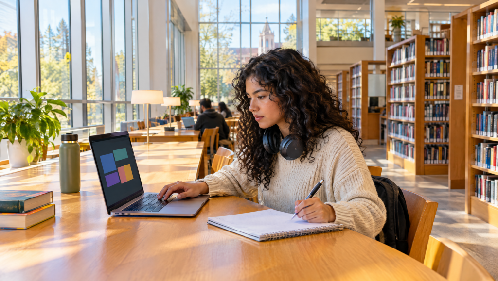 Graduate working on an online coding challenge at a library desk