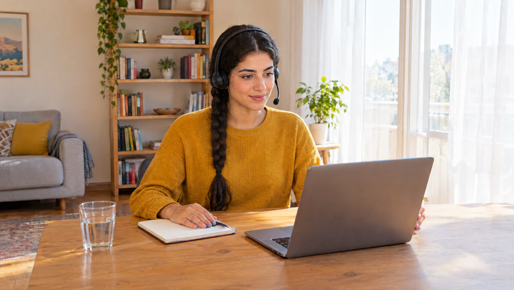 Graduate taking a recorded video interview on a laptop at home
