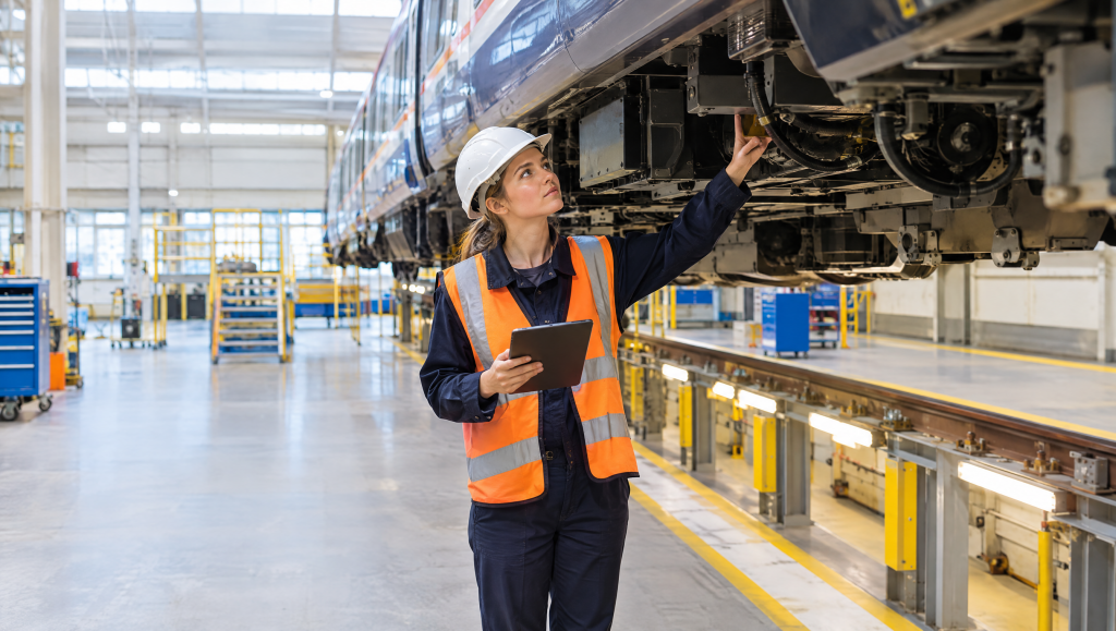 Siemens Mobility graduate engineer inspecting a train in a UK depot