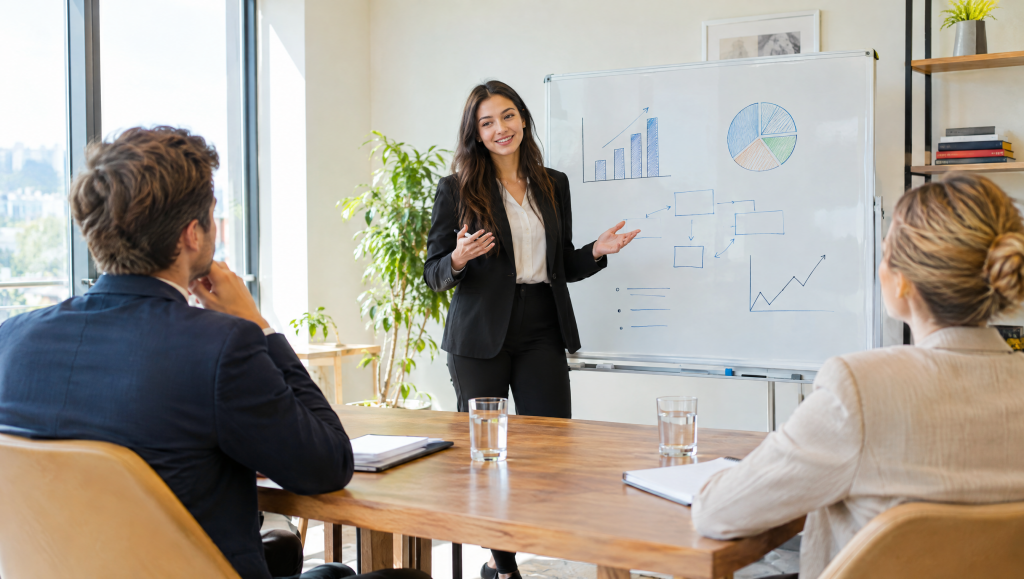 Graduate presenting a case recommendation in an IBM consulting interview