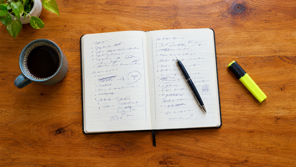 Notebook with a before and after page for rewriting experience using the STAR method