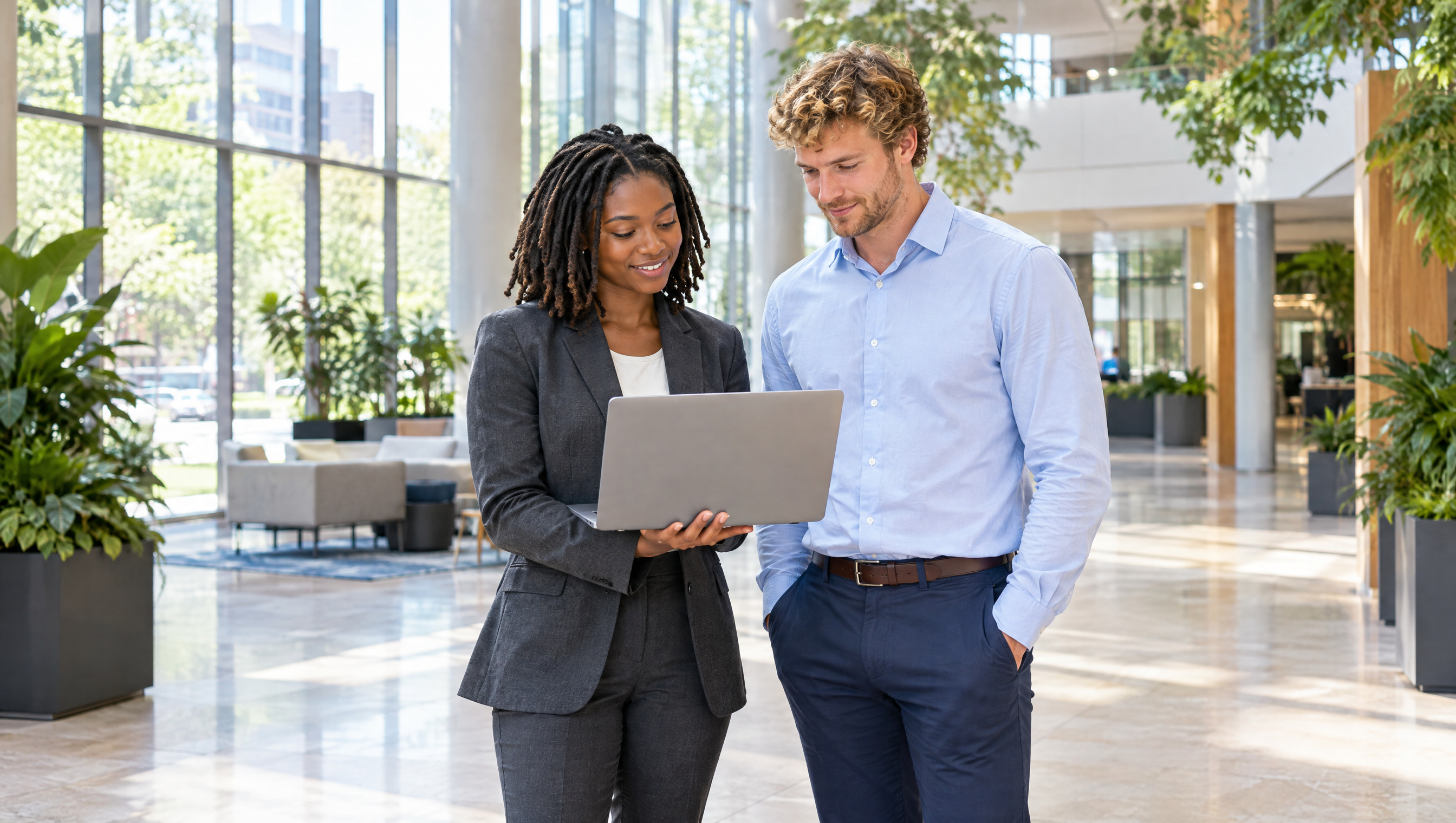 HSBC vs JP Morgan graduate scheme: two banking graduates in an office atrium