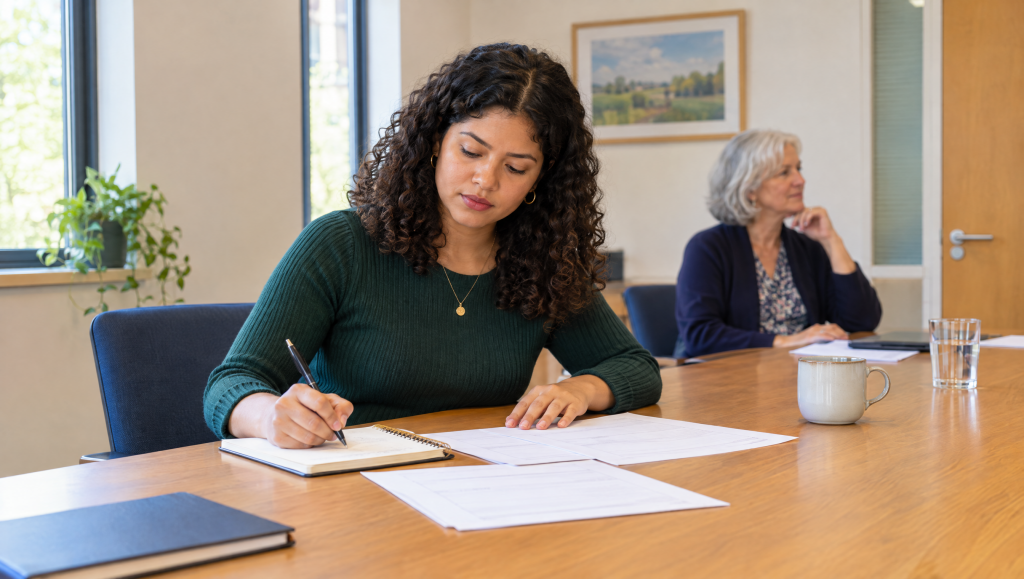 Graduate preparing for a security vetting interview with paperwork and a notebook