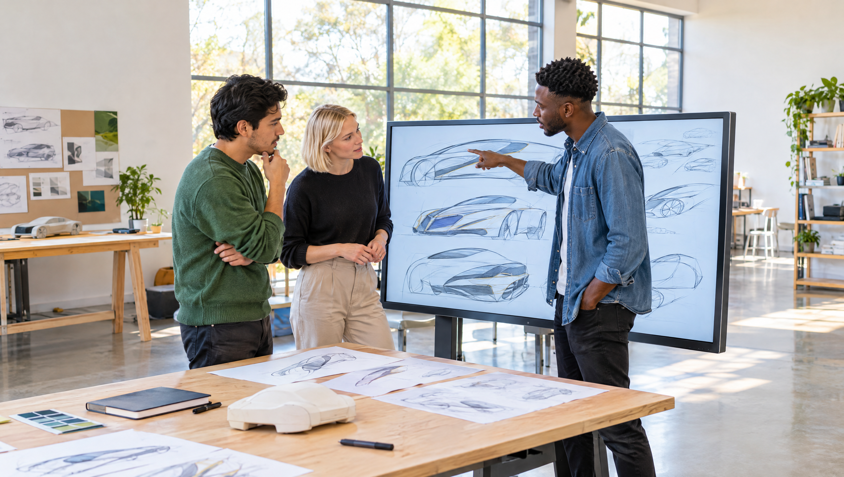 Jaguar Land Rover graduate scheme: a diverse group of young engineering graduates reviewing designs together in a bright automotive studio