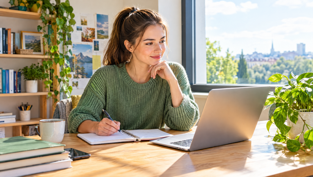 Student planning next career steps on a laptop after leaving university early