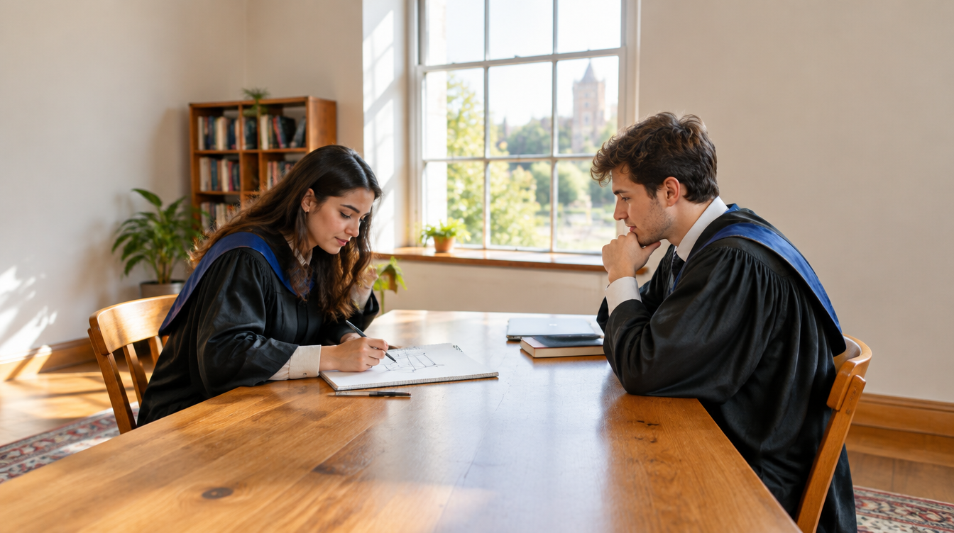 Two graduates practising a case interview with pen and paper for the McKinsey graduate scheme