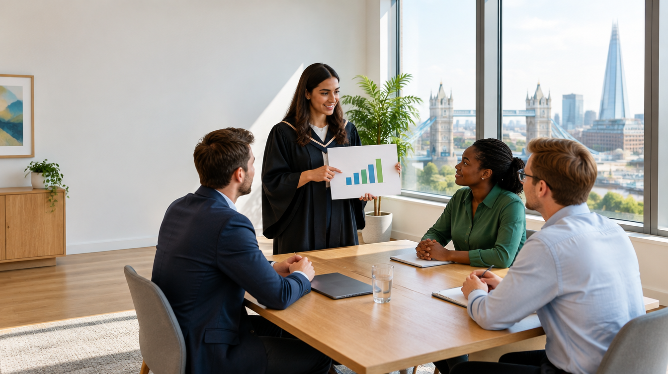 Graduate business analyst presenting a chart to colleagues, illustrating the McKinsey graduate scheme