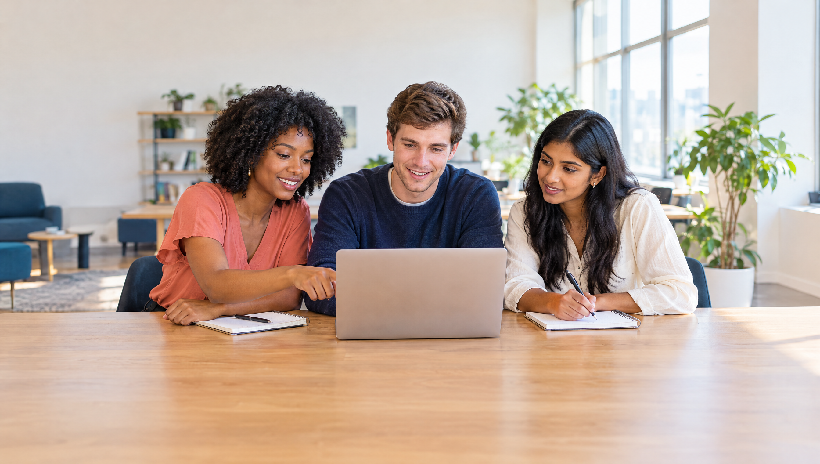 Graduates reviewing a nationwide graduate scheme application on a laptop in a bright office