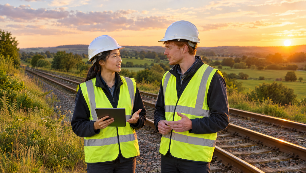 Graduate engineers in hi-vis and hard hats discussing a project, Network Rail graduate programme placement