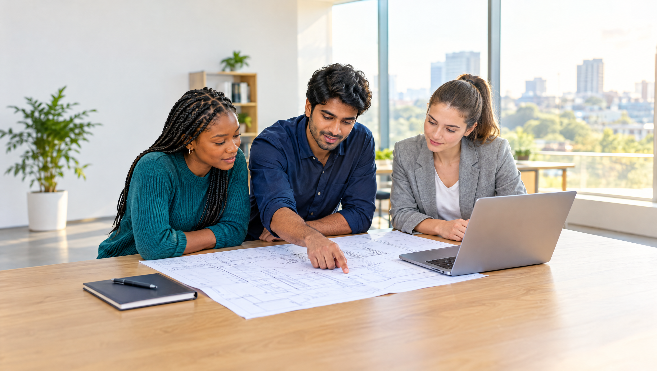 Diverse group of graduates reviewing plans at a desk, illustrating the Network Rail graduate scheme 2027