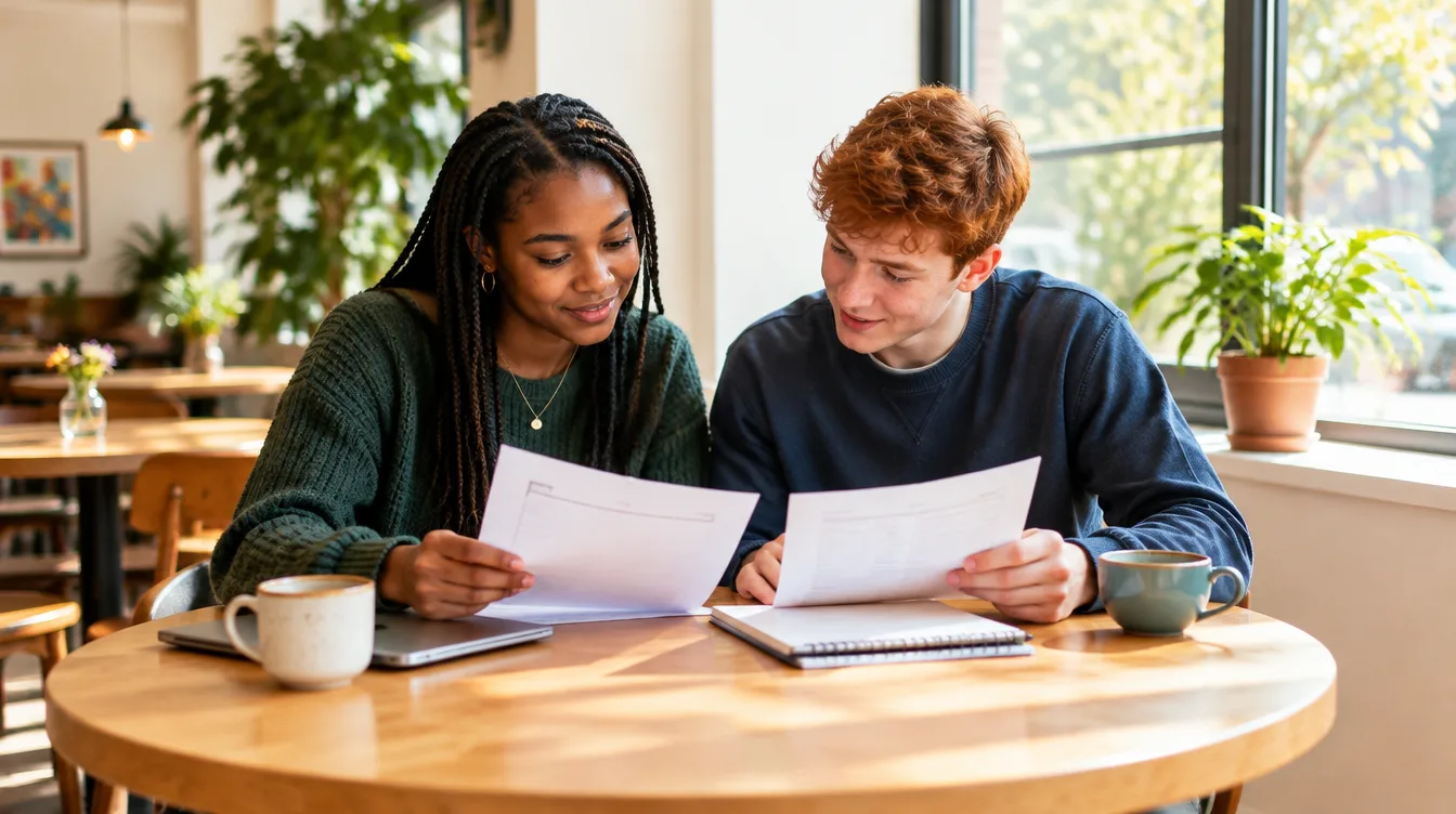 Two students comparing practice papers while preparing for psychometric tests for graduate jobs