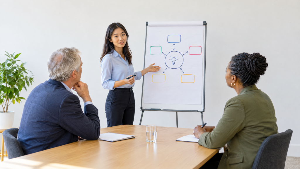 Graduate presenting a technical topic at a Rolls-Royce graduate scheme assessment centre
