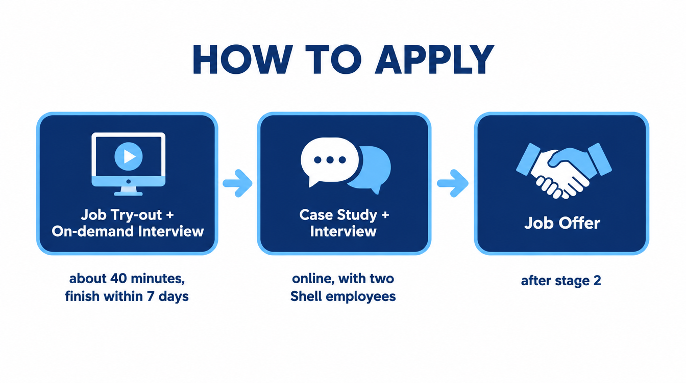 Shell graduate scheme application process: job try-out and on-demand interview, case study and interview, job offer