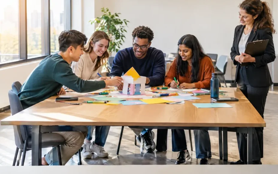 Four graduates and a manager working through a paper scenario around a table in a bright office