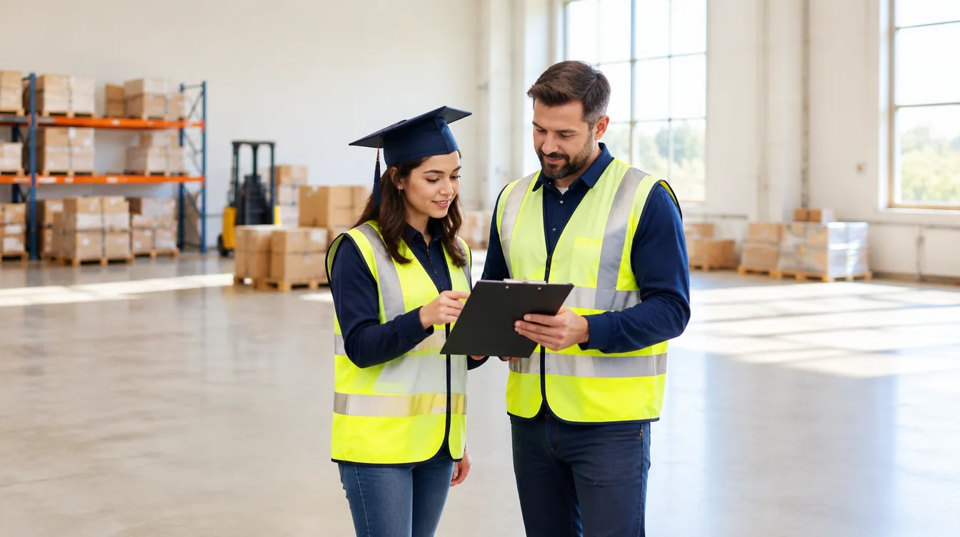 A female graduate in a graduation cap and a colleague in hi-vis vests reviewing a tablet in a bright warehouse