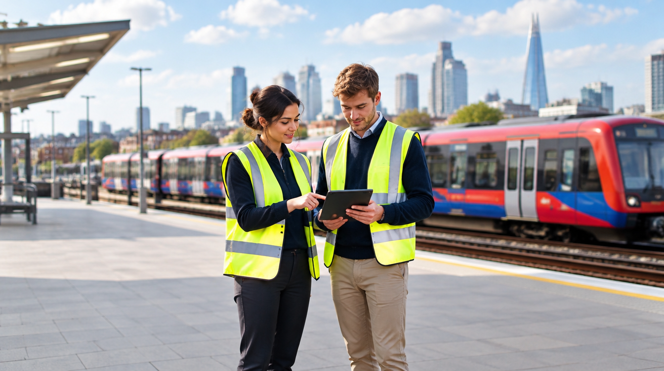 TfL graduate scheme 2027: two graduate engineers reviewing plans on a London station platform