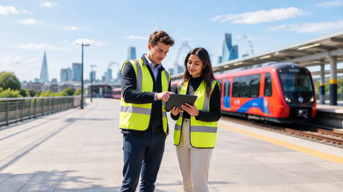 TfL graduate scheme engineering roles: graduates reviewing plans on a tablet at a station