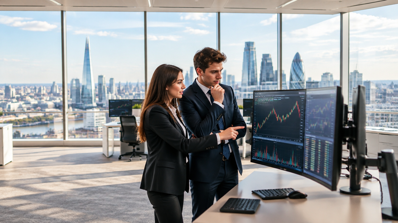 UBS graduate scheme 2027: two finance graduates reviewing market charts in a London office